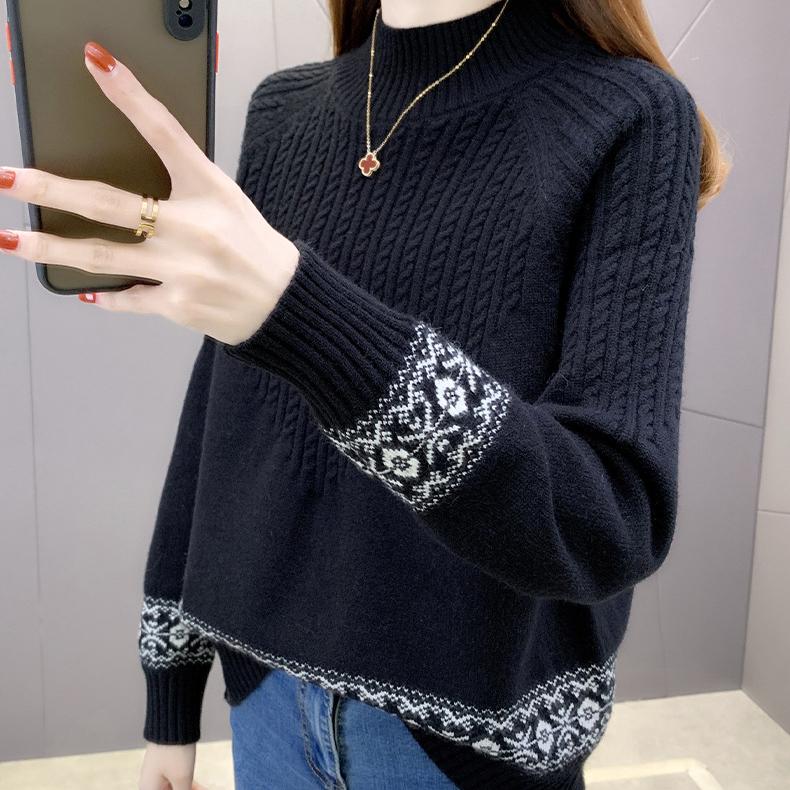 Осенне-зимний женский свитер с полувысоким воротником, свободный, толстый пуловер, вязаный топ, жаккардовый, эластичный вязаный топ, джемпер.