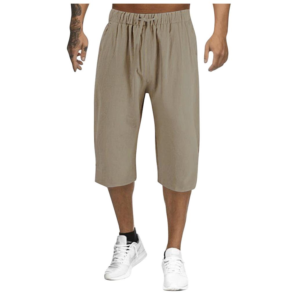 Men's Summer Cotton Linen Cropped Pants Men's Breathable Thin Straight Leg Pants