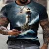 Men's Comfortable Round Neck Short Sleeve T-shirt 3D Printed Lighthouse Pattern Polyester Fiber Composition Summer Versatile
