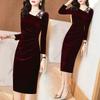 Women's Banquet Adult Ceremony Small Elegant Improved Long Dress Velvet Dress Long Sleeve Skirt
