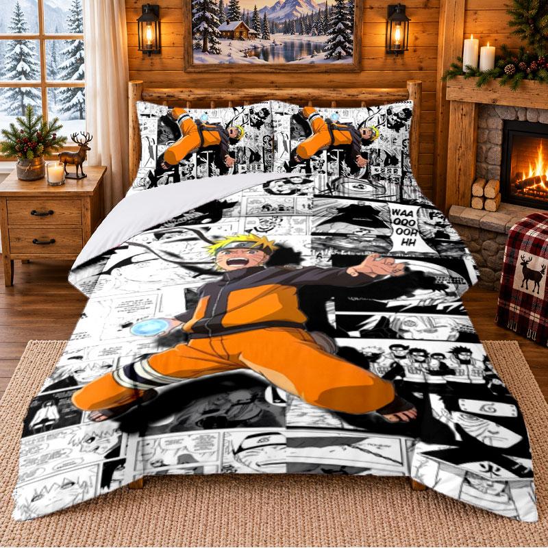 N-Narutos Pattern Bedding 3Pcs Set Bed Sheet And Pillowcases For Indoor Bedroom