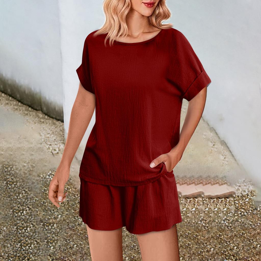 Women's Fashion Solid Color Casual Set Loose Round Neck Top Shorts Two Pieces