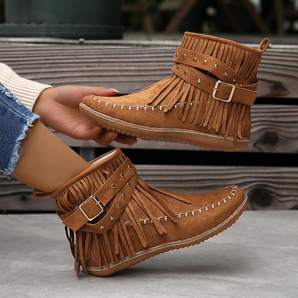Autumn Flat Heel Ankle Boots Retro Suede Tassel Women Boots Fashion Round Toe Soft Sole Short Boots Casual Women Shoes
