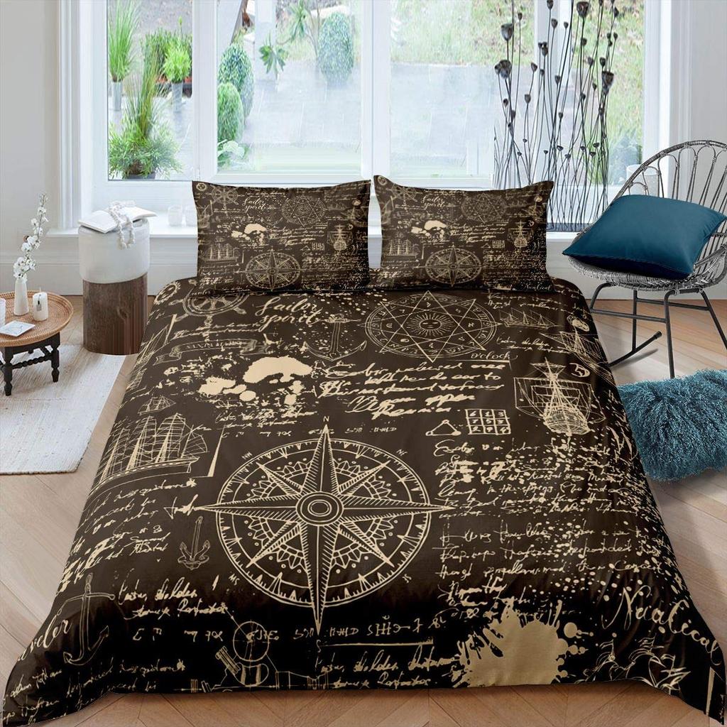 Морской комплект пододеяльника Набор постельного белья с лодкой и пиратами Кинг-сайз Ретро Парусник Коричневый Чехол для одеяла Якорь Компас Винтажный Набор стеганого одеяла