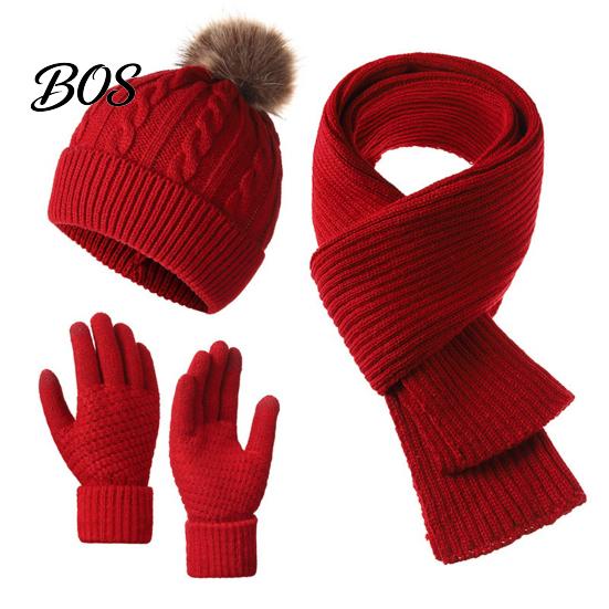 Cute Pom Hat for Women Winter Scarf Gloves Set, Knitted Warm Thermal Fashionable Cold Weather Clothing Sets Gloves, Solid Color Cozy Knit Accessories