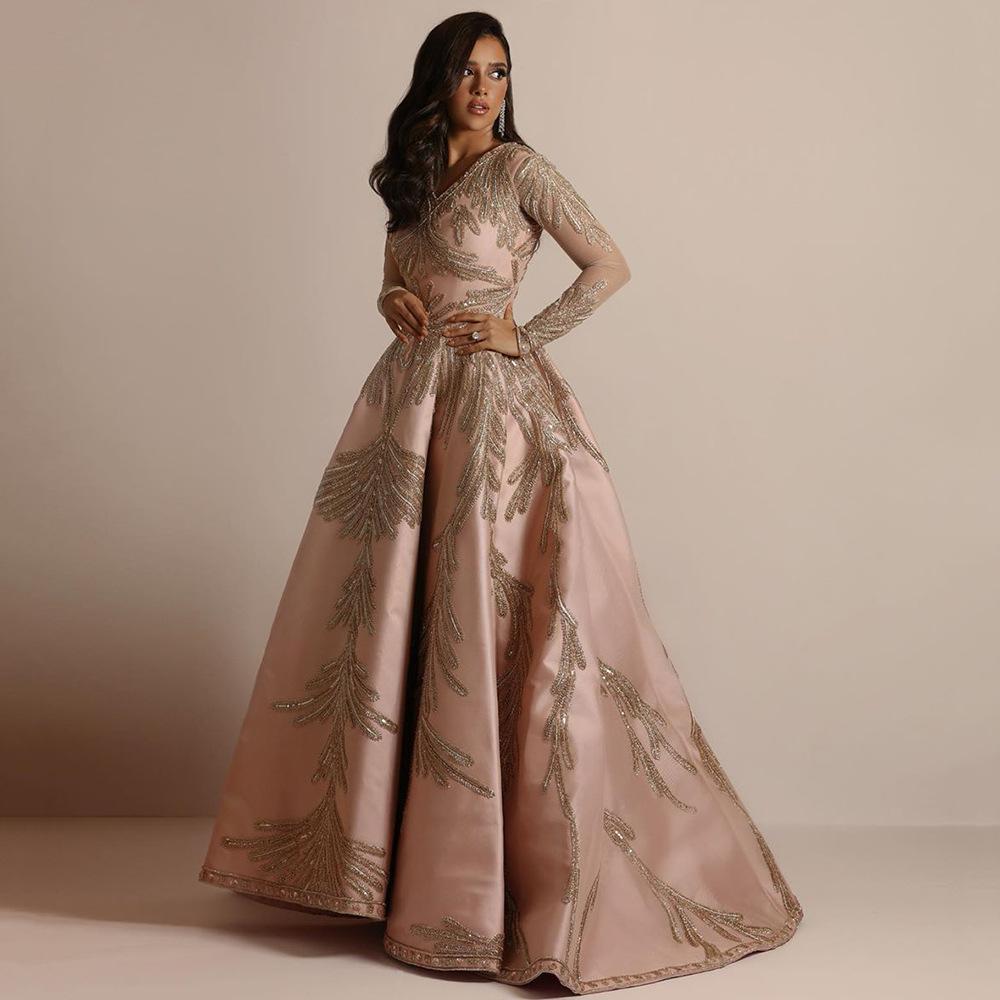 2025 новая женская одежда бронзирование большой рукав длинное платье банкет сексуальное вечернее платье розовый