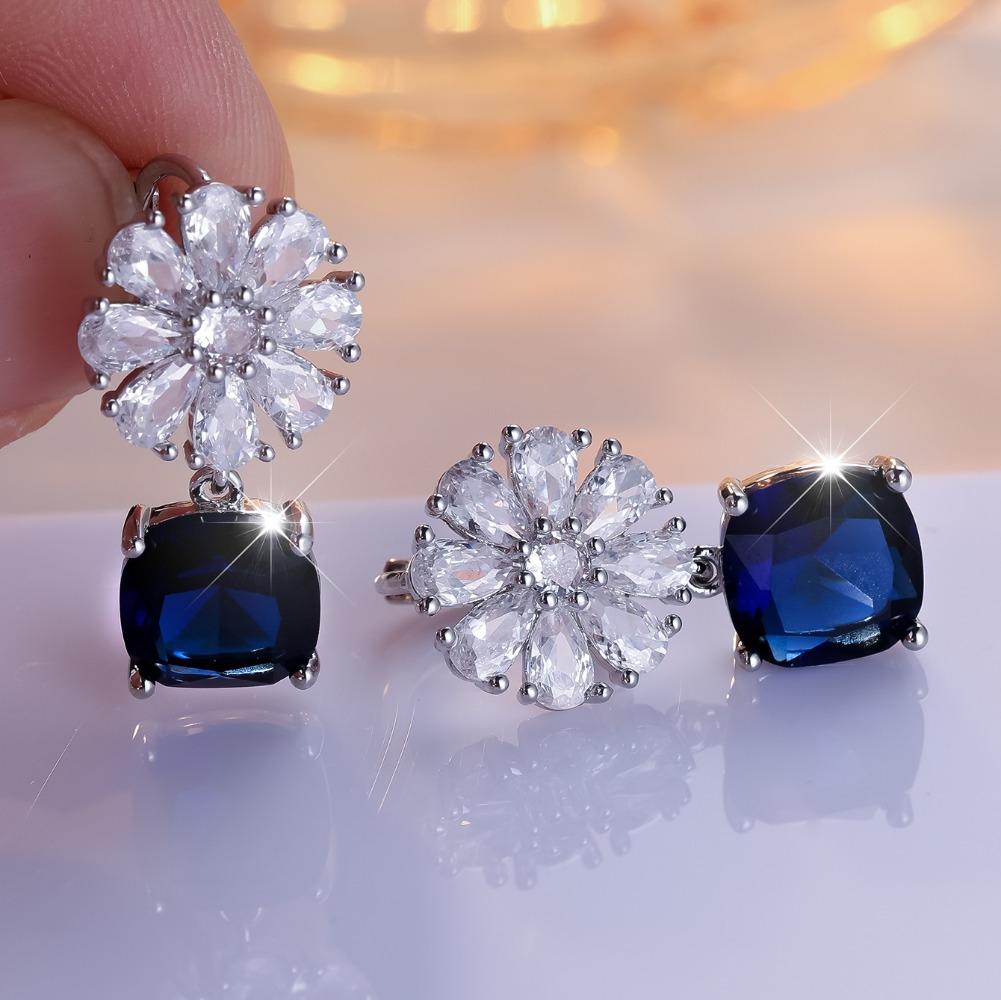 1 пара сережек-капель с голубым цирконием огранки «Принцесса» для женщин и девочек, серебряные серьги-цветы, ювелирные изделия для свадебной вечеринки