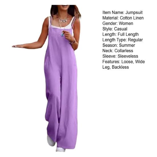 Lady Jumpsuit Collarless Spaghetti Strap Backless Sleeveless Loose Wide Leg Full Length Overalls Casual Daily Wear Outfit