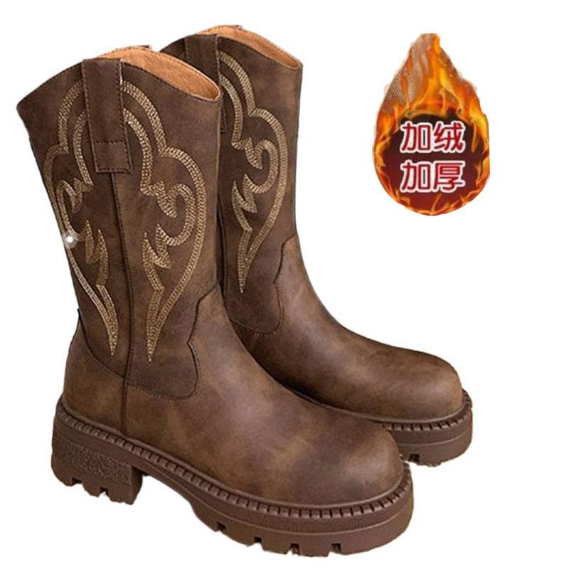 Fashion 2024 New Plus Plush Leather Western Mid Calf Boots Embroider Women Autumn Winter Ankle Boots Ladies Boots