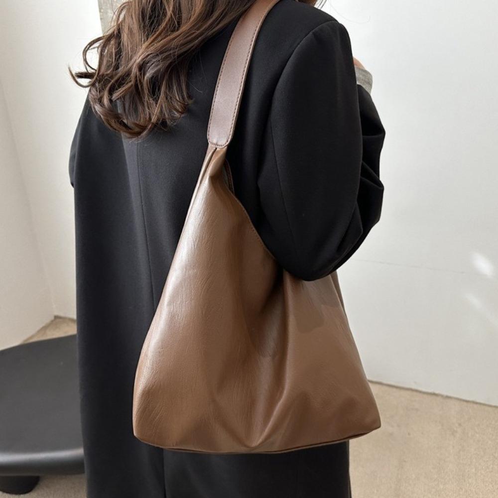 Solid Color Women Handbag Large Capacity Underarm Bag Simple Soft PU Shoulder Bag  Shopping