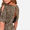 Women Mini Dress Round Neck Hollow Short Sleeve Backless Short Dress Glitter Sequins Hip Wrapped Party Dress