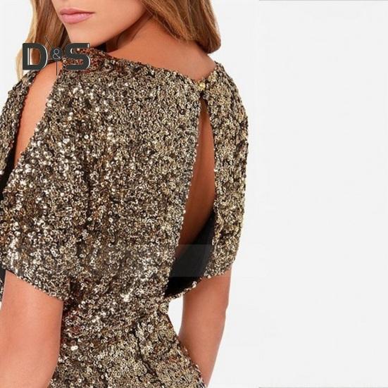 Women Mini Dress Round Neck Hollow Short Sleeve Backless Short Dress Glitter Sequins Hip Wrapped Party Dress