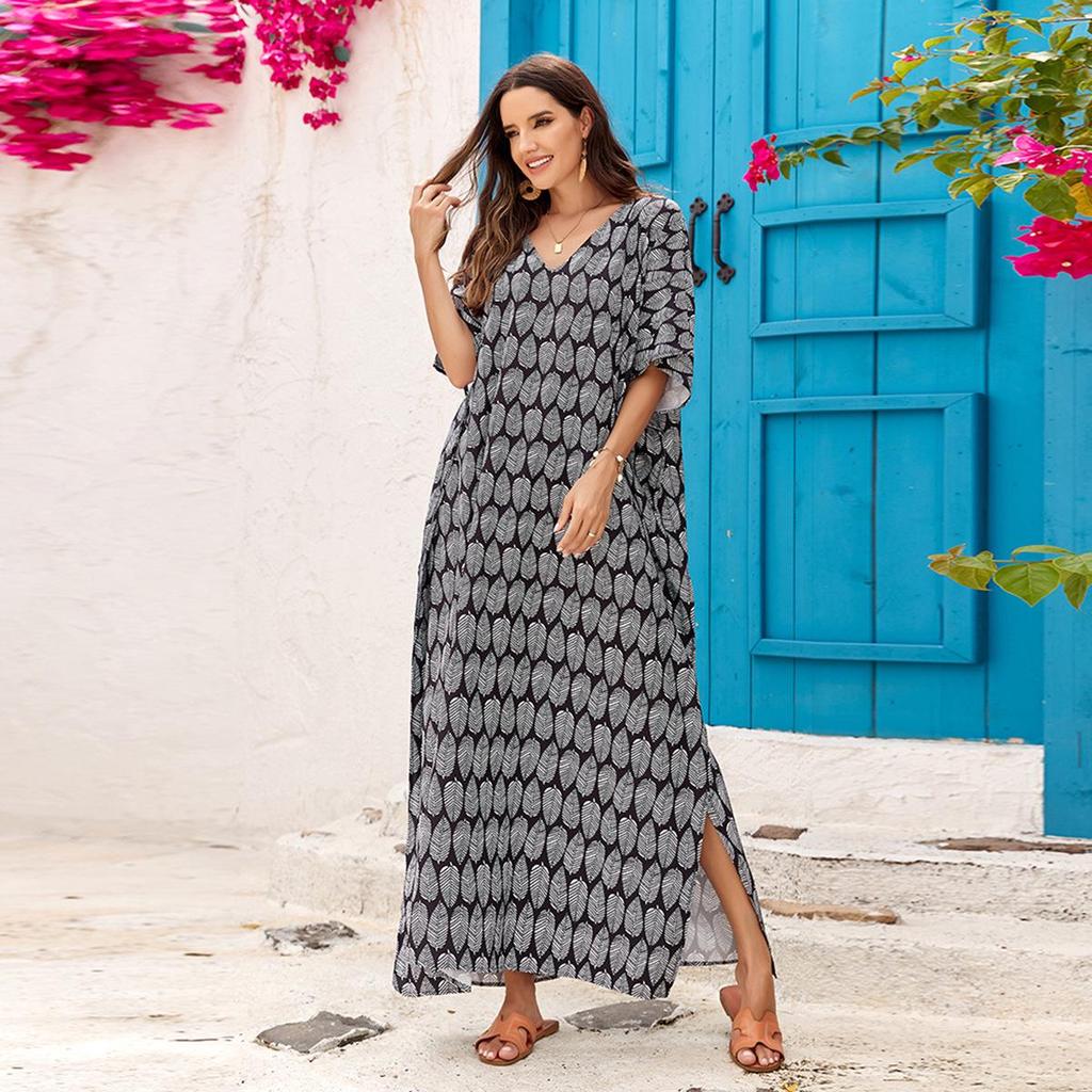 Пляжная накидка с V-образным вырезом с принтом: Свободный халат в европейском и американском стиле для отдыха на море