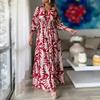 Women's Long Sleeve V Neck Boho Long Print Plus Size Long Dress