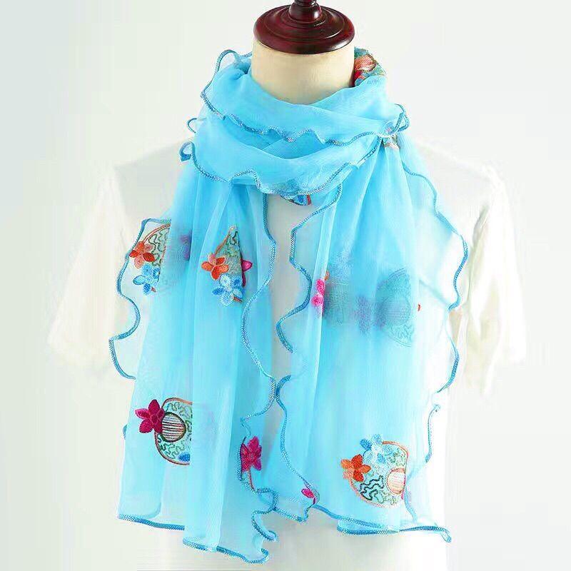 Lotus Leaf Edge Embroidered Wrapped Scarf Women's Long and Versatile High Elasticity Embroidered Scarf Silk Scarf