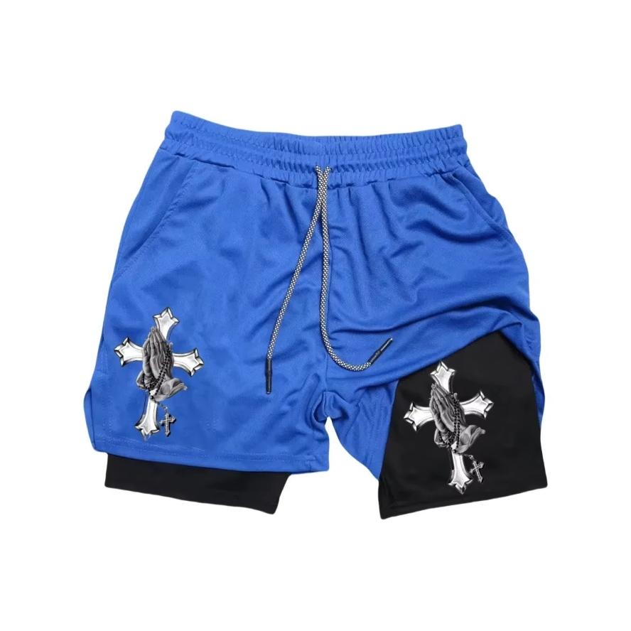 Muay Thai Kick Boxing MMA Shorts Cross Christian Pray God Men Women Unisex Double Layer Quick Dry Breathable Training Sport Gym Fitness Workout