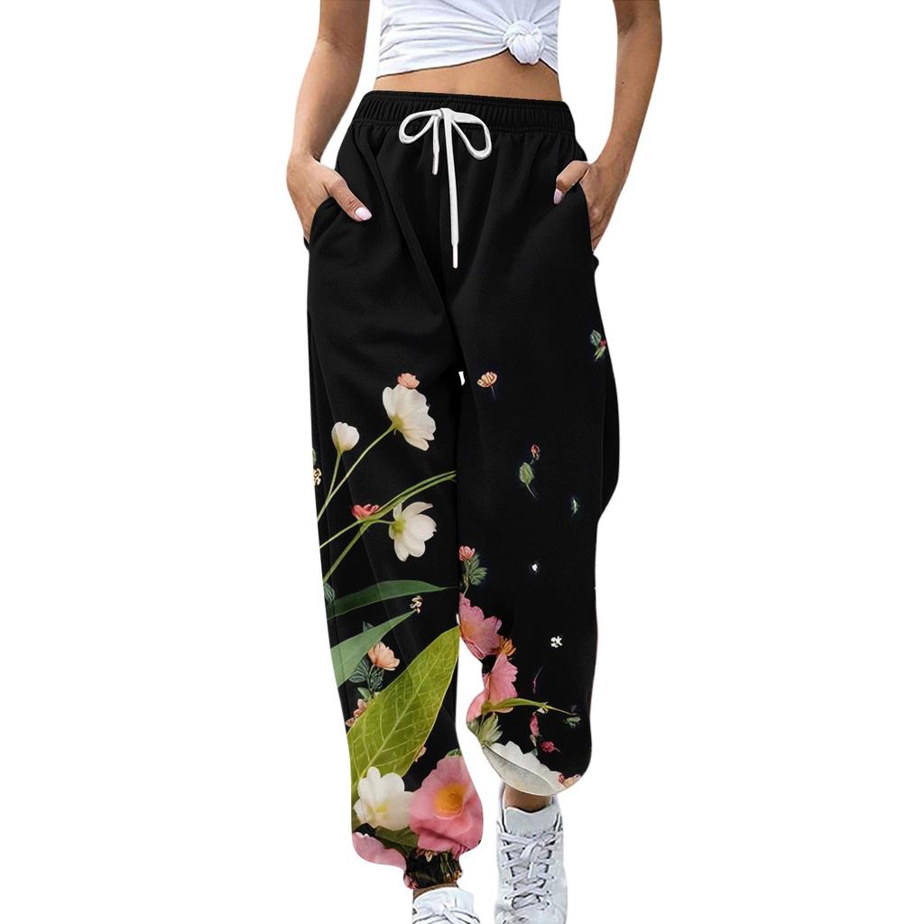 Women's Sports Pants With Pockets Fashion Floral Print Elastic Waist Pants Casual Sweatpants Pants