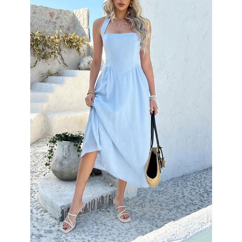Women Vacation Style Solid Color High Waist Sleeveless Hanging Neck Long Dresses