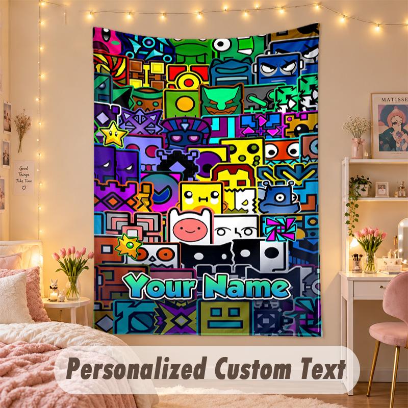 Custom Personalized Tapestry,Geometry Dash Print Custom Name Text Wall Art Hanging for Bedroom