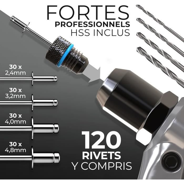 Kit professionnel de pinces à rivets klrstec - 120 rivets &amp; 4 perceuses inclus