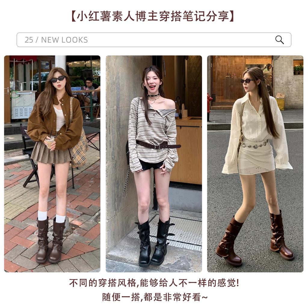 Женские брючные ботинки на толстой подошве в ретро-стиле с круглым носом 2025 года, новые зимние, нишевый дизайн, ботинки, ботинки со складками, ботинки