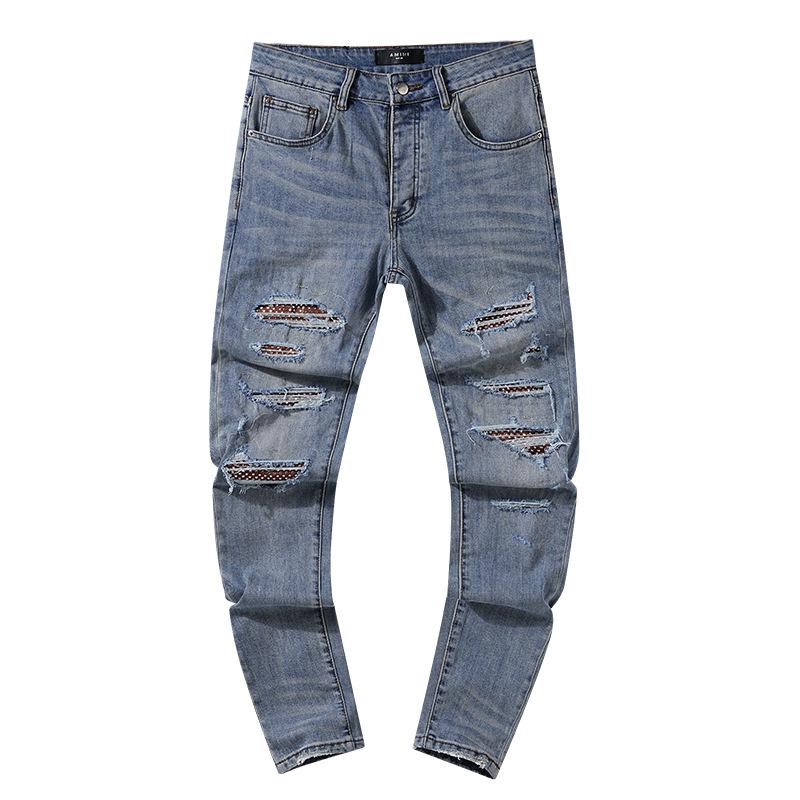 Fashion American High Street Hole & Patch Trendy Retro Straight Ami Denim Pants