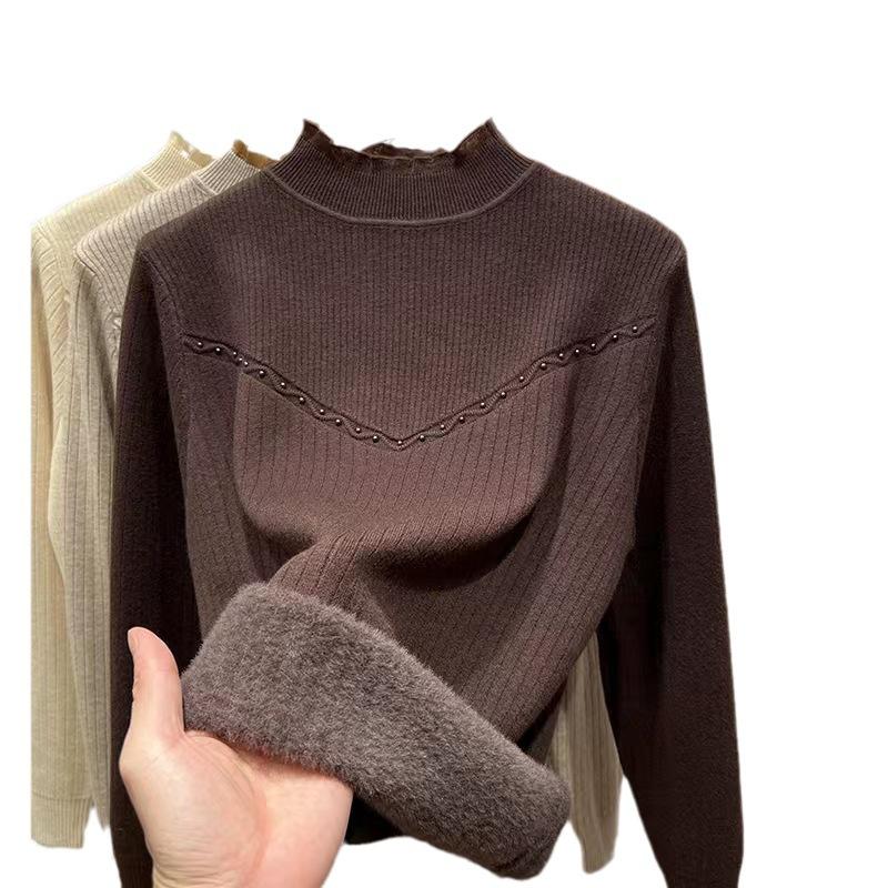 Женский осенне-зимний базовый свитер с полувысоким воротом и добавлением бархатного кружева. Утолщенный цельный трикотажный свитер из бархата для тепла и свободного кроя.