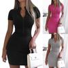 Women Fashion Summer Sexy Solid Color Zipper V-Neck Short Sleeve Mini Dress Summer Dress