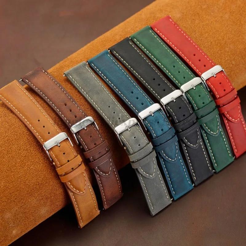 Leather Watch Strap 14mm 16mm 18mm 20mm 22mm 24mm for Samsung Galaxy Watch7/6/5/4 Vintage Brown Quick Release Universal Bracelet