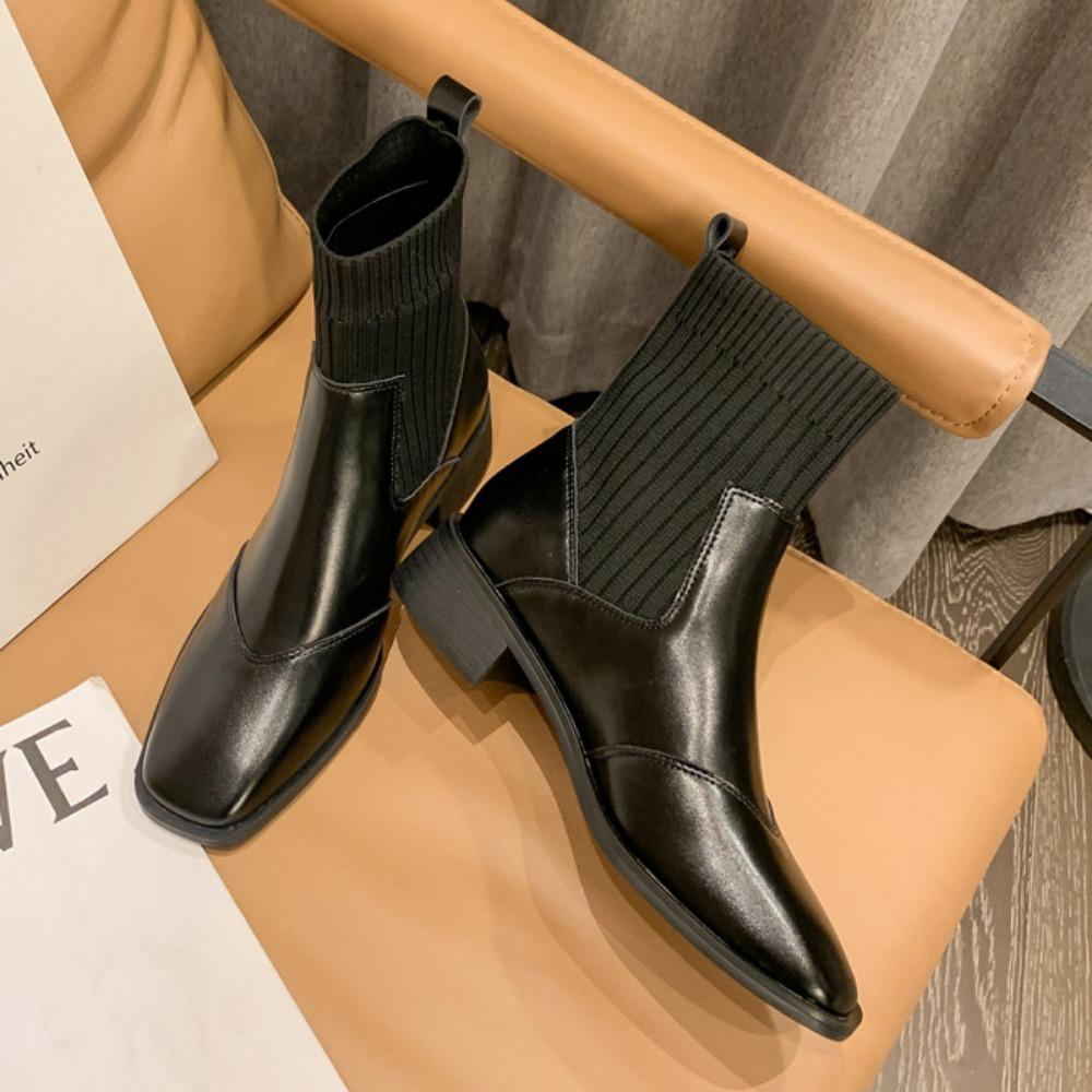 Женские сапоги из натуральной кожи, короткие эластичные сапоги на толстом каблуке, новые осенне-зимние вязаные сапоги-носки с квадратным носком, женская обувь