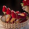 Spring and Autumn Fleece French Pointed Thick Heels Bow High Heels Red Wedding Shoes