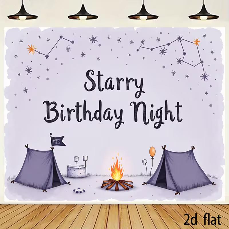 2D Lavender Starry Camping Birthday Backdrop, Campfire Tent Photo Background