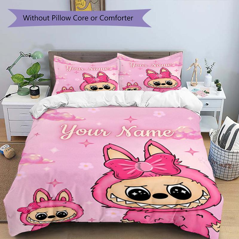 Pink Bunny Theme Custom Name Text Print 1Pc Bedding Set Duvet Cover With Two Pillowcases Soft Bed Linen For Household Bedroom