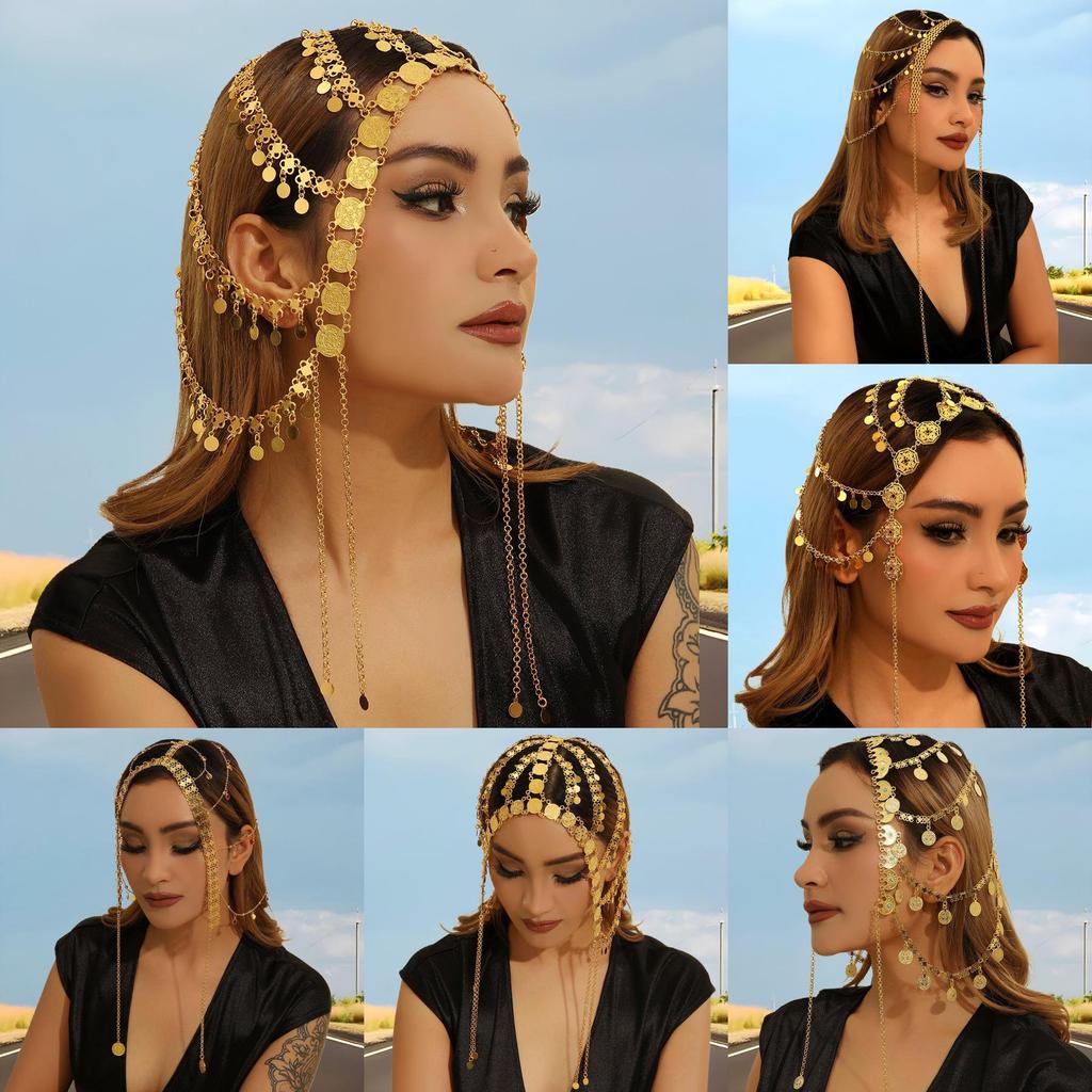 Middle Eastern Style Golden Headpiece With Tassels And Coin For Womens Winter Travel