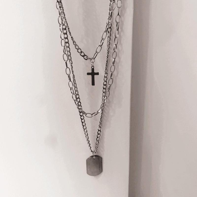 Multilayers Punk Chains Cross Necklace Couple Fashion Street Hip Hop Geometric Metal Pendant Necklaces for Women