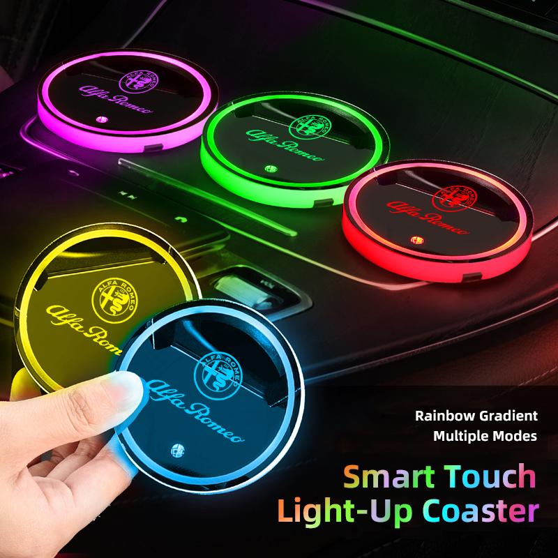 Alfa Romeo Tire Valve Caps Car Glowing Coasters LED Light Water Cup Mat For Alfa Romeo 4C Car USB Charging Color Change Coasters wzvc44
