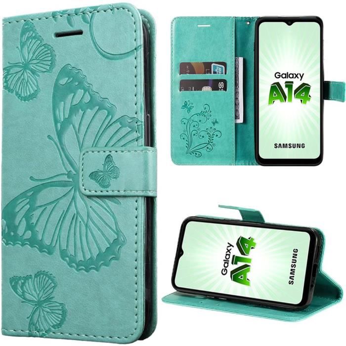 Coque de protection - BOOLING - pour Samsung Galaxy A14/A14 5G - Antichoc - Synthécuir - Motif Papillon Vert