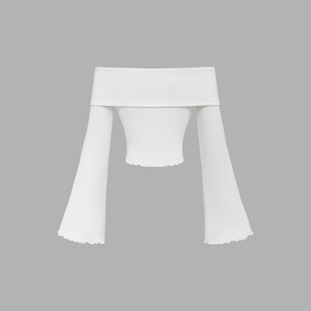 Летняя женская белая футболка с открытыми плечами и расклешенными рукавами, симпатичный женский топ с длинными рукавами и синей бабочкой