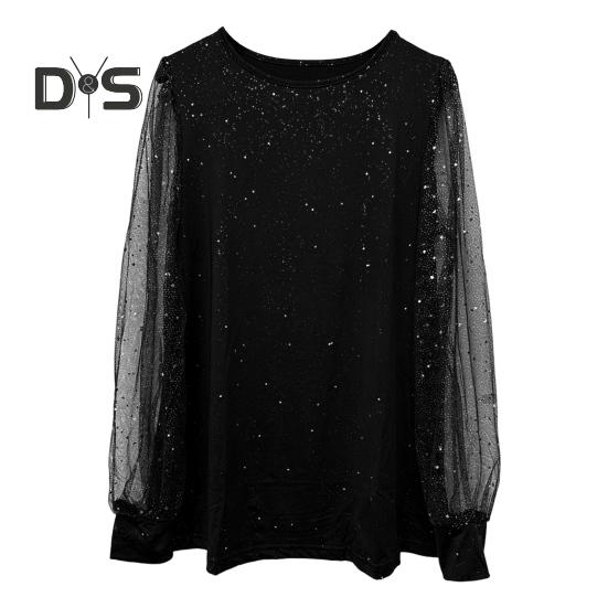 Women T-shirt Round Neck See-through Glitter Long Sleeve Tops Solid Color Loose Fit Casual Tops Daily Wear