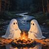 Spooky Home Wall Decoration Vintage Cute Ghost Canvas Art, 2 Ghosts Campfire Art for Living Rooms Hanging Poster, Gothic Halloween Bedroom Room