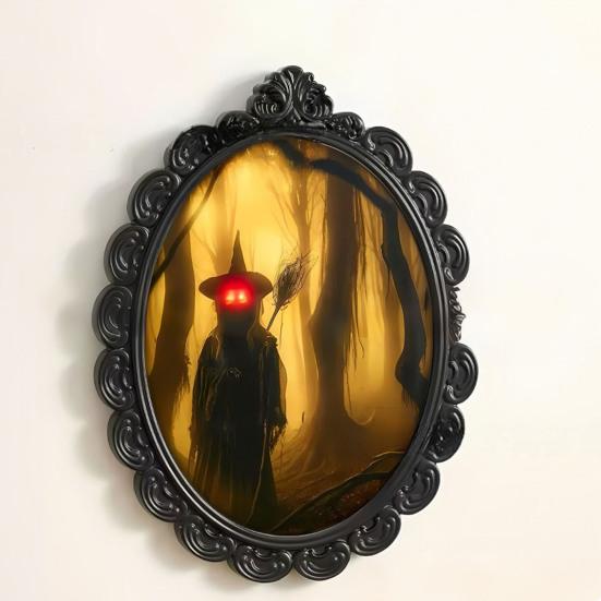 Witch Hologram Wall Mirror Spooky Halloween Glowing Ghost Mirror with Creepy Eyes for Indoor Bathroom Haunted House Decor