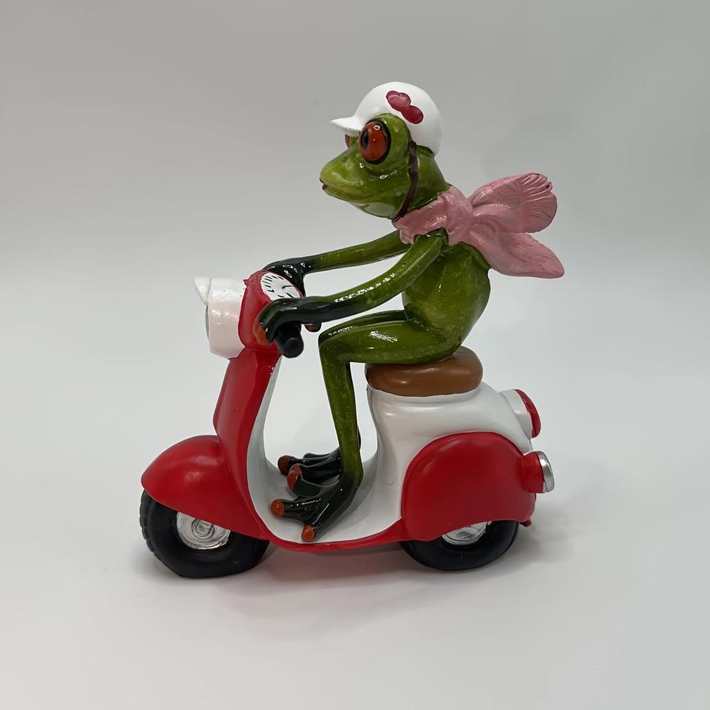 1pc Funny Motorcycle Frog Decor , Riding Red Scooter-like Motorcycle, with Helmet, Green Frog Decoration for Home, Office, Party