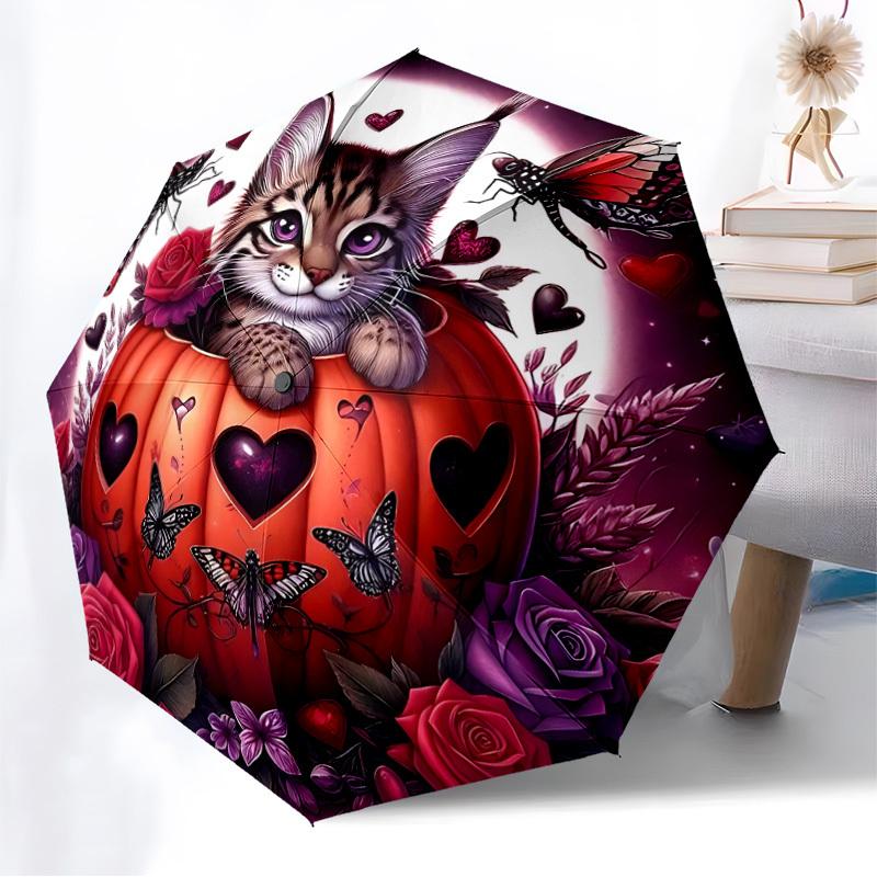 1pc Halloween Pumpkin Cat Automatic Open/Close Umbrella, Folding Compact Umbrella with Lightweight Design for Women/Men yy251011087