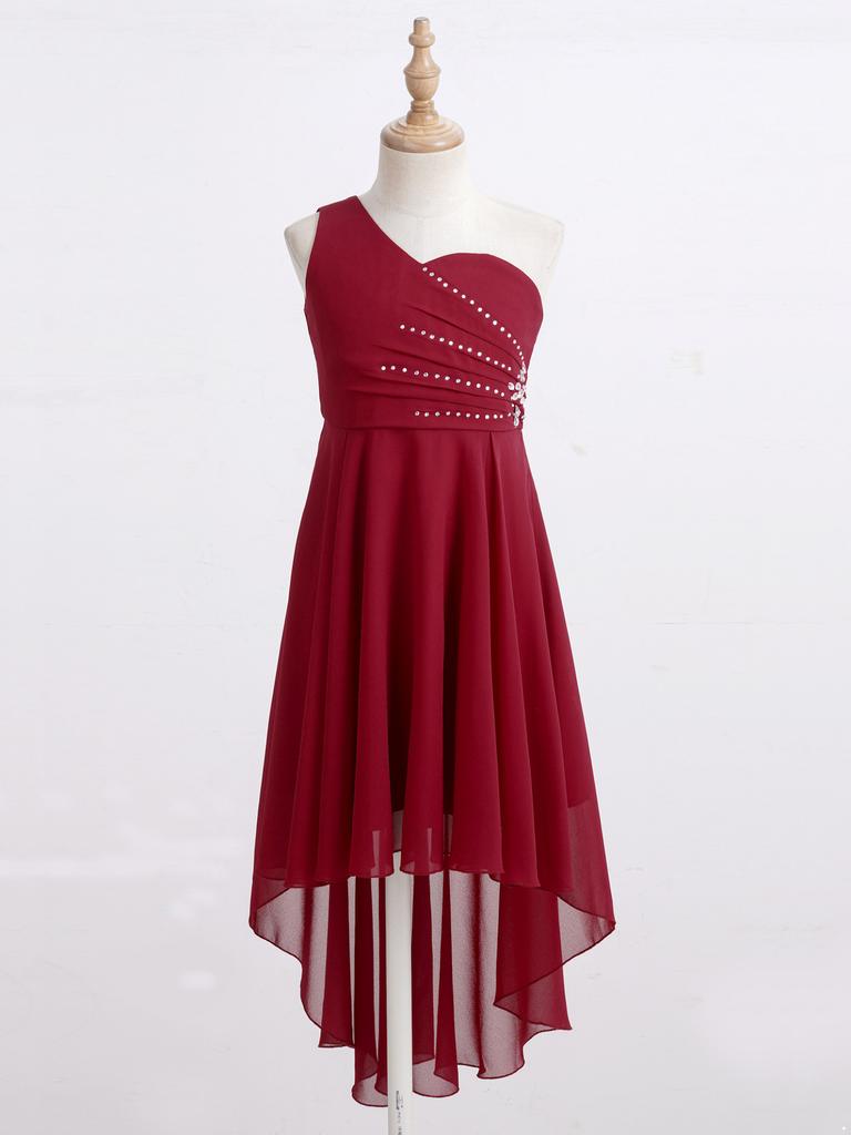 Детское праздничное платье с блестящими стразами для девочек и бисером, без рукавов на одно плечо, шифоновое платье для подружки невесты на свадьбу, вечернее платье для выпускного вечера