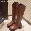 Зимние женские высокие сапоги Кожаные туфли на среднем каблуке Сапоги до колена на массивной подошве Мотоциклетные сапоги Тренд 2024 Новая модная обувь Лодочки Botas De Mujer