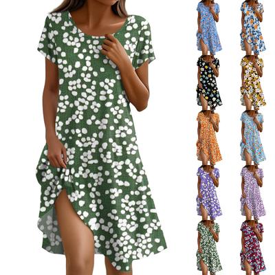 Женское летнее платье в стиле бохо с коротким рукавом, круглым вырезом, цветочным принтом и карманами