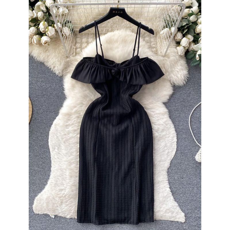 Socialite Style Fancy Banquet Birthday Banquet Party Dress Women's off-Shoulder Spaghetti Straps Ruffles Waist Dress