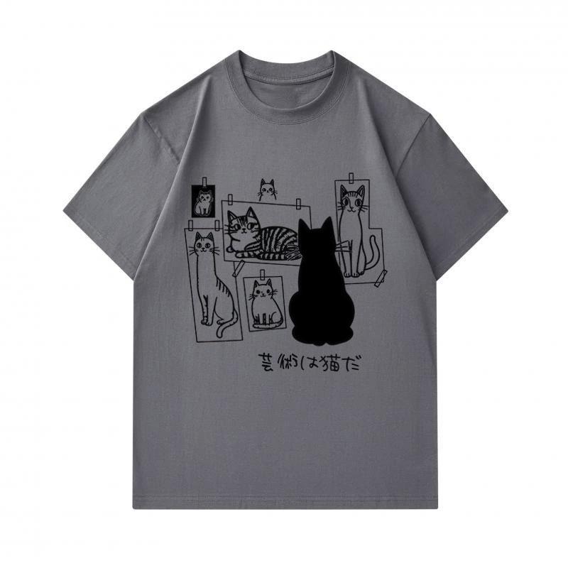 Men's 100% Cotton Crew Neck Short Sleeve T-Shirt, Funny Cat Art Print Casual Tee, Comfortable Lightweight Daily Top for Cat Lovers Streetwear