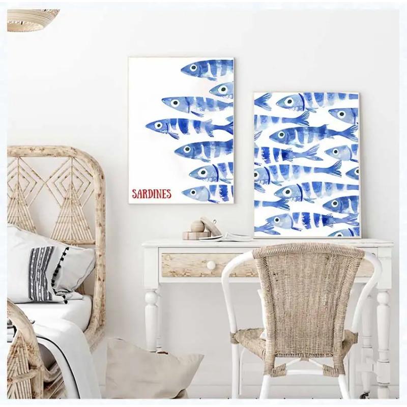 Blue Sardines Fish Canvas Prints Poster Japanese Funny Cute Art Style for Kithren,living Room Wall Home Decor
