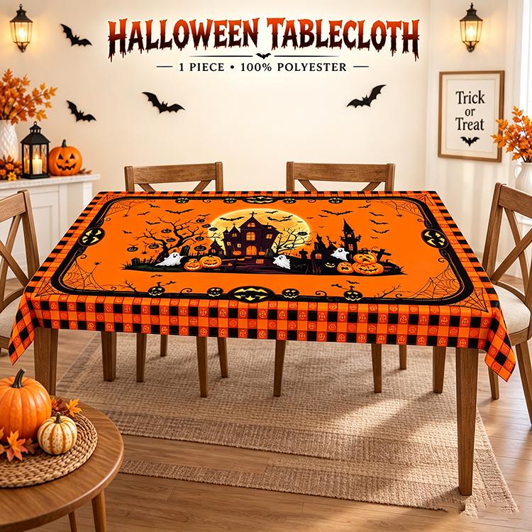Halloween Tablecloth Rectangular 152cm Wide Pumpkin Ghost Bat Haunted Castle Printed Table Cover for Halloween Party Decor